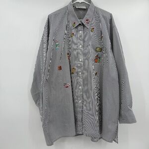 Mili Designs Top Women 2X White Blue Striped Christmas Sequin Long Sleeve Button